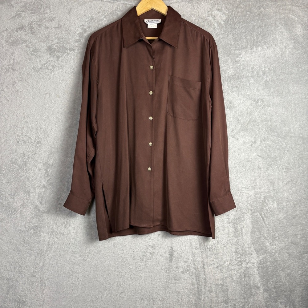 Vintage Casual Connection Blouse Silk Button Down S Brown Long Sleeve Pocket